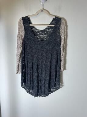 Surrealist gray and off white lace blouse fits like a medium